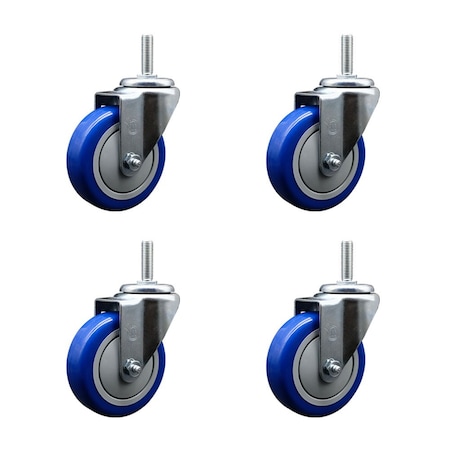 Service Caster 4 Inch Blue Polyurethane Wheel Swivel 58 Inch Threaded Stem Caster Set Service Caster SCC-TS20S414-PPUB-BLUE-58212-4
